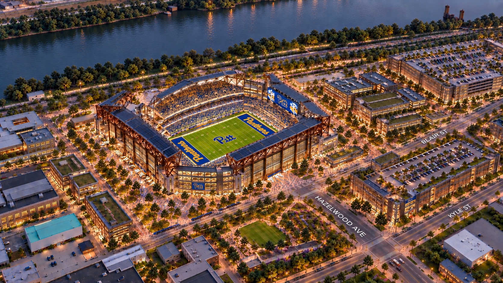 Aerial concept rendering of the Pitt stadium at Hazelwood Green along the Monongahela River